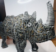 Handmade Wire & Beaded Glass Rhinoceros Sculpture Figurine Black Gray Wild Horn