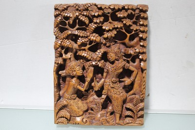 Holzschnitzerei Vintage 3D Balinese Carved Wood Sculpture Wall Panel Rama & Sita