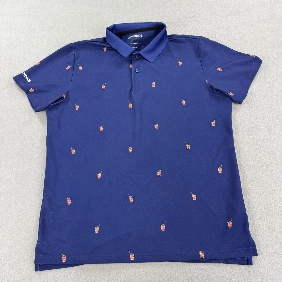 Bonobos Golf Polo Shirt Mens Large Blue Slim Fit All Over Print Cocktails Summer - Image 2 of 4
