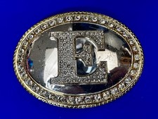 Letter Initial E Rhinestone Accented Reflective Ova Vintage Belt Buckle BA-1003