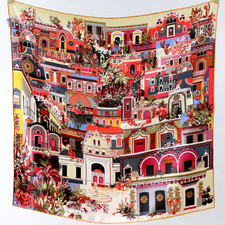 18 Momme Twill Silk gate tower Print Square 88X88cm Neckerchief Scarf Shawl Wrap