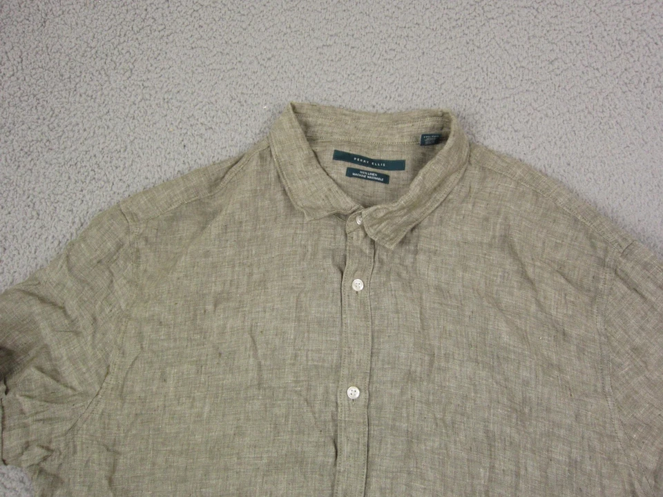 Perry Ellis Shirt Adult 2XL XXL Green 100% Linen Button Up Men Camp Short Sleeve - Image 2 of 4
