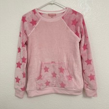 BCBG Girls Sweatshirt Kids Size L 14/16 Pink Star Print Plush Fleece Raglan Top