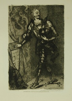 ''Premier sortie de Don Quichotte''. Eau forte (Radierung). Allard-Cambray, Celest