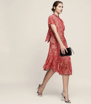 Reiss Zhen Maraschino Dress Red Devore Animal Print Open Shoulders Tie Neck UK 8