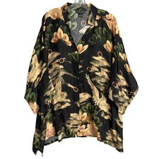 Citron Santa Monica Silk Blend Shirt Womens Plus Size 1X Black Asian Print