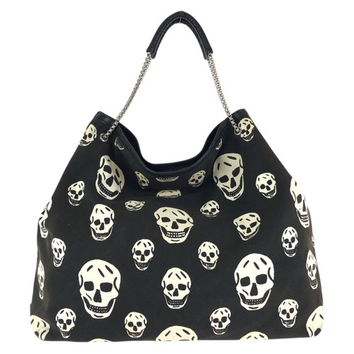 Alexander McQueen 240600 ChainShoulder Bag Black White SilverHardware canvas