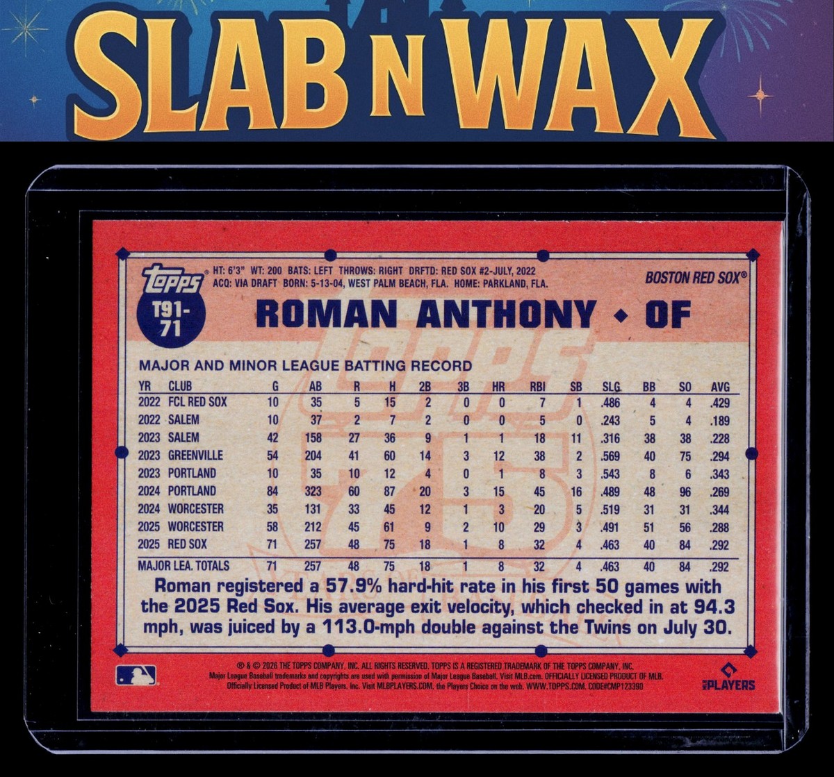 2026 Topps Baseball Roman Anthony #T91-71 Boston Red Sox 1991 35th