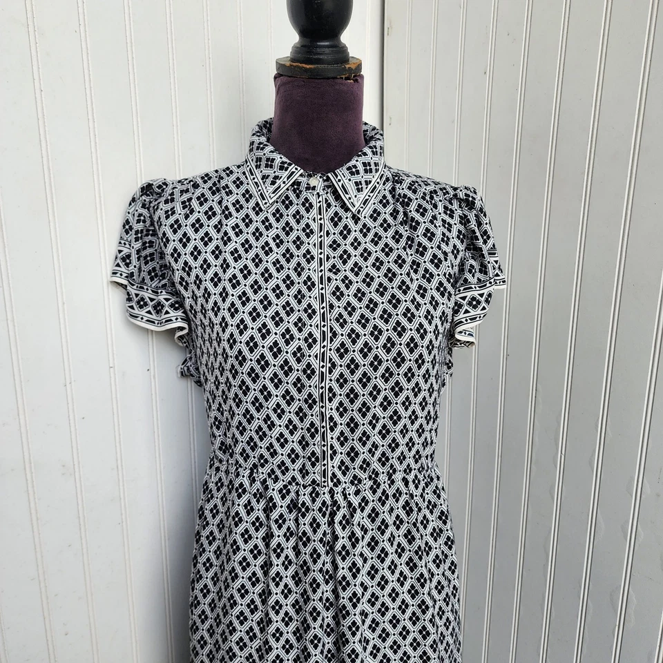 Vestido Max Studio Negro Blanco Floral Manga Volantes Cuello en V Bolsillo Midi Corbata M Foto 3 de 4