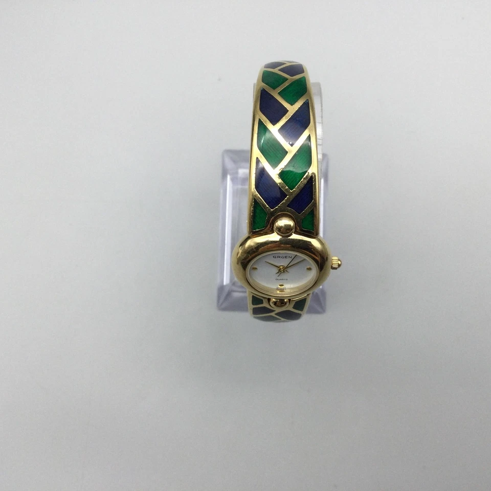 Reloj Brazalete Mujer Gruen 22mm Tono Dorado Verde Azul Esmalte Batería Nueva 7" Foto 3 de 4