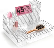 45-Piece Clear Plastic Drawer Organizer Set for Makeup, Kitchen, and Office