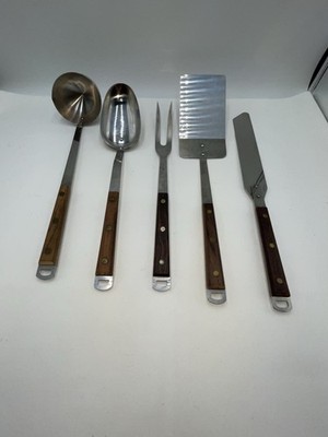 MCM Set Of 5 Serving Utensils Wood Handle Japan Stainless Steel