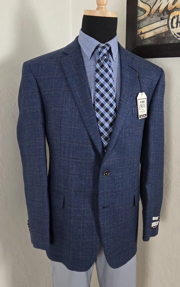 NEW Jos A Bank 46R Blazer Linen Wool Windowpane Blue Checked Sport Coat Jacket - Image 2 of 4