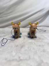 Vintage Fisher Price #689 Bossy Bell Cow Pull Toy Pair 1950s Wood Litho Cows USA