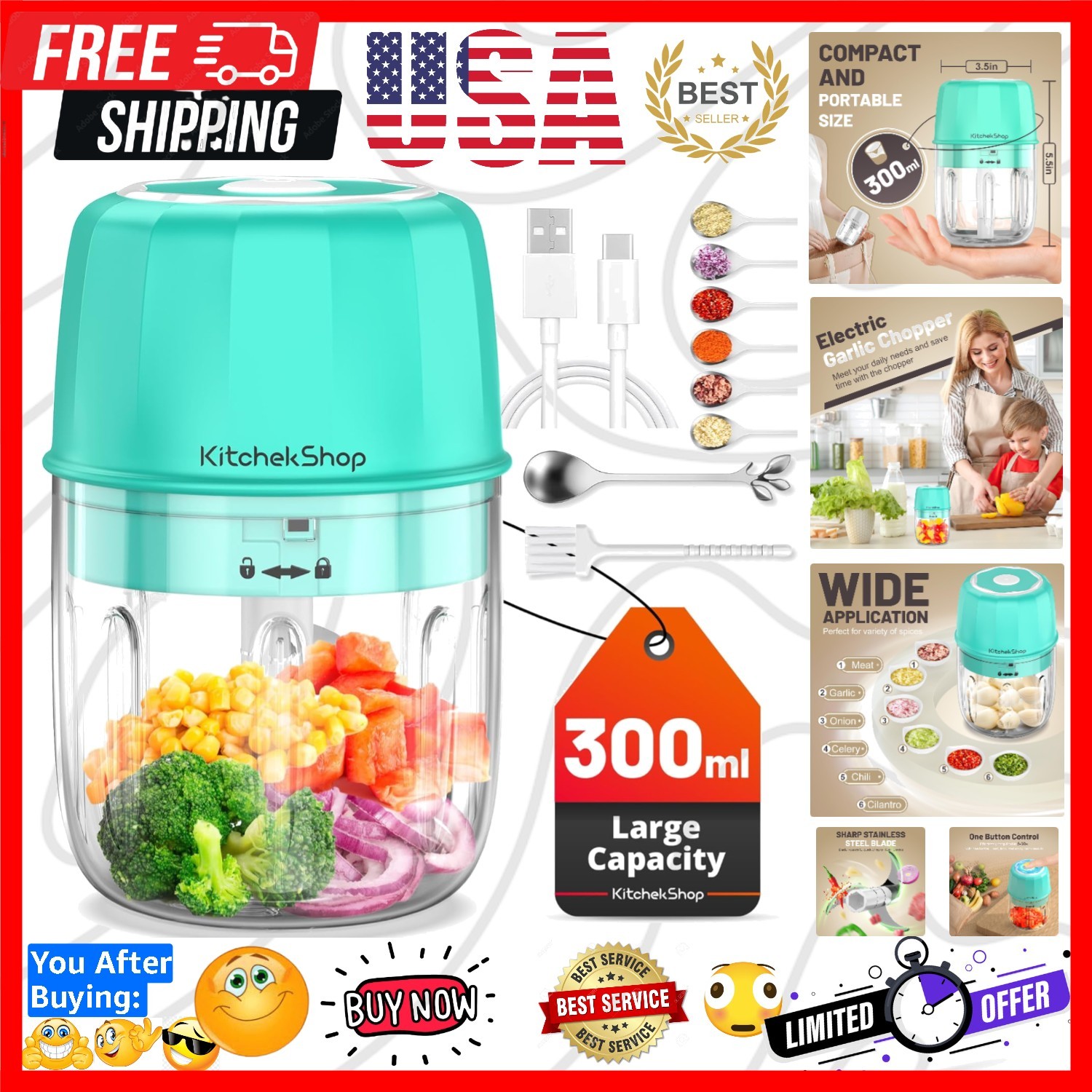 Rechargeable Portable and Cordless Mini Food Processor 300ML with Stainless S...