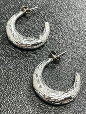 Vintage Etched Silver Tone Metal Hoop Earrings