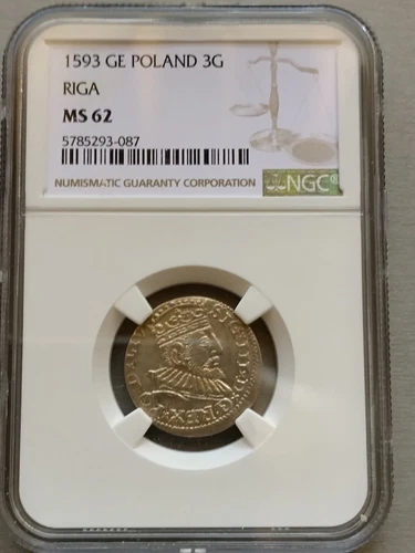 Poland-Latvia-1593-3 Groszy-mint Riga-Sigismund III-NGC MS62-rare