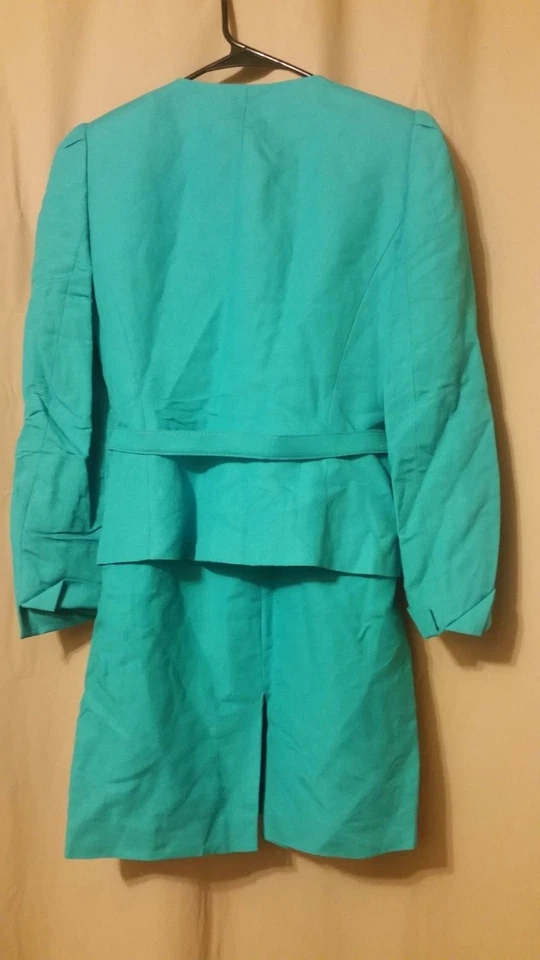 TAHARI PETITE - Aqua Belted Linen Blend 2-Piece Skirt Suit Size 4P DC6 - Image 2 of 4