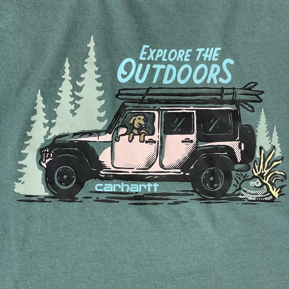 Carhartt Explore The Outdoors T-Shirt Girls Size 10 Green Jeep Dog Crewneck - Image 3 of 4
