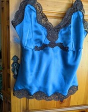 Sunny Leigh Blue& Brown Camisole Top 100% Silk w/ Lace Trim Petite Small Women's