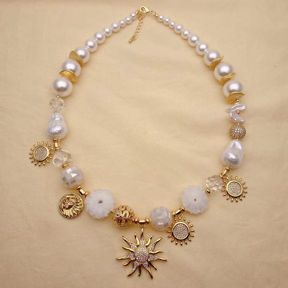 Biwa Pearl Sea Shell Quartz Slize Choker Necklace Copper Charm Jewelry For Women - Image 4 of 4