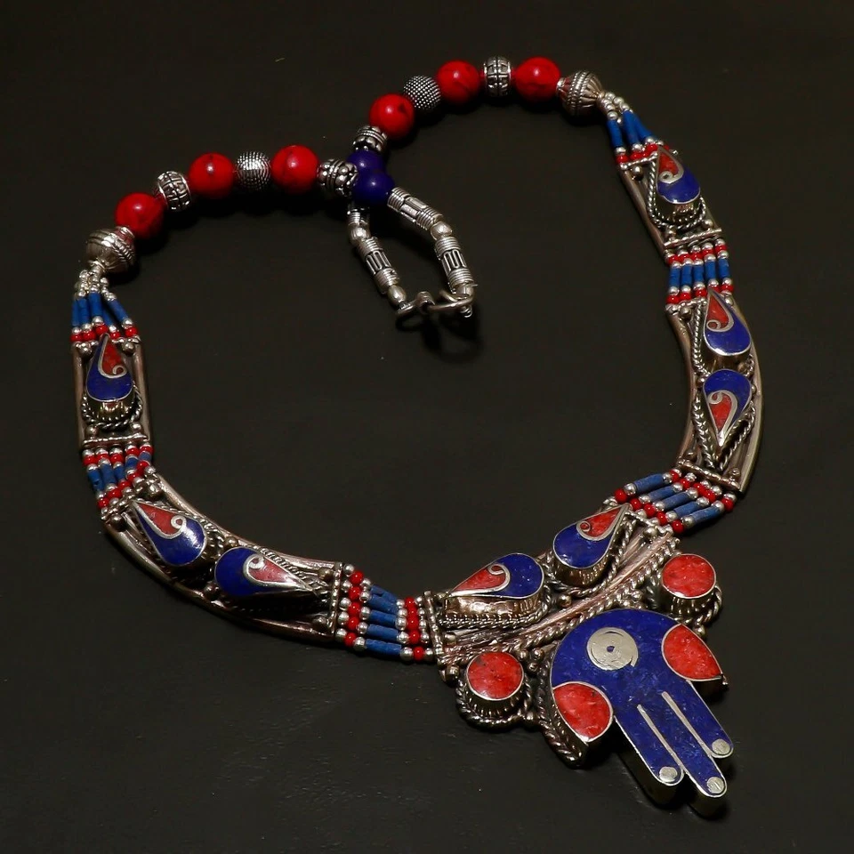 Colar de lápis-lazúli coral vermelho prata tibetana berloque miçangas joias 18" NN 5225 - Imagem 2 de 4