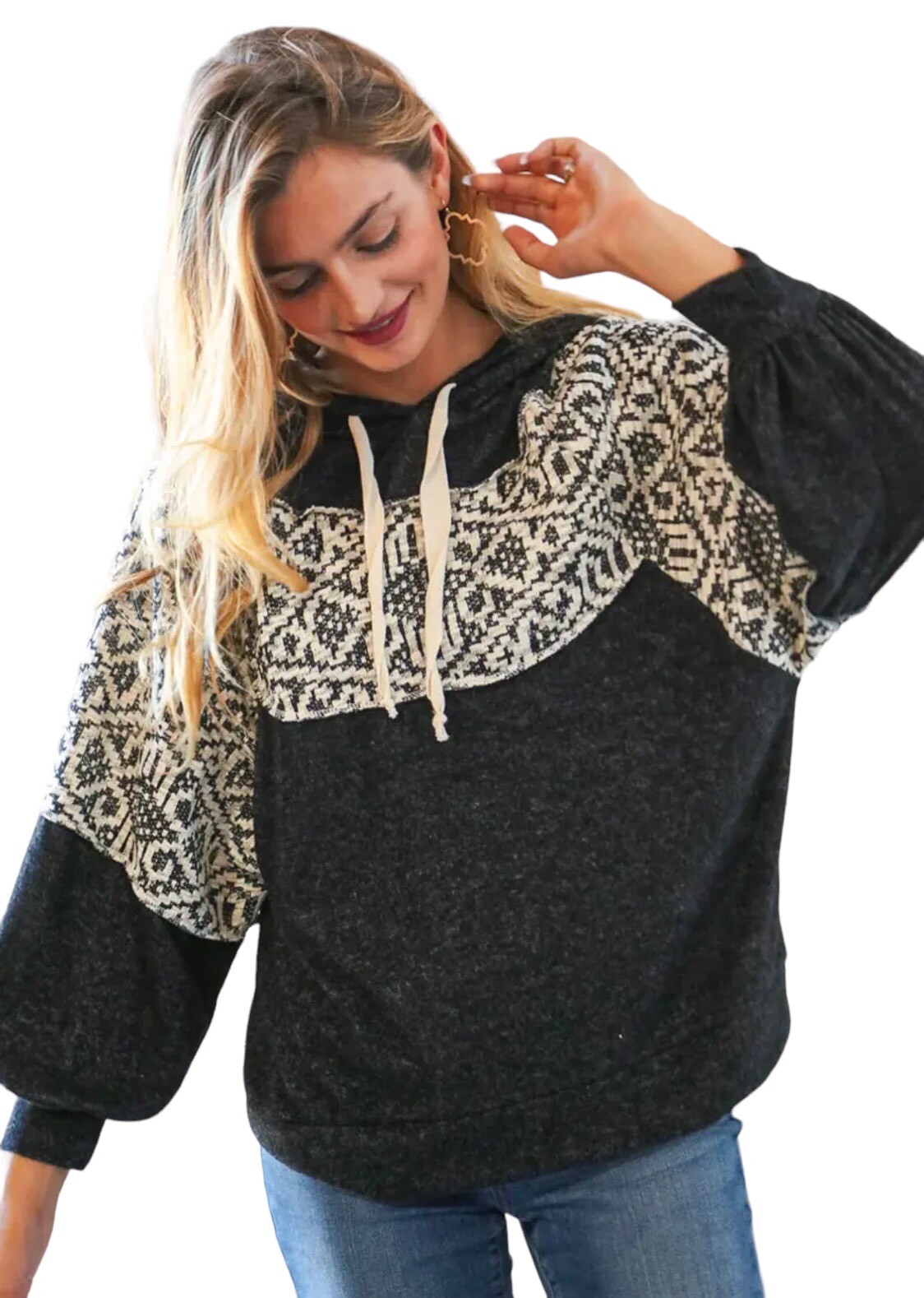 Sugarfox Knit Hoodie Woman’s Sz-M Long  Sleeve Black/Off White Aztec Hacci