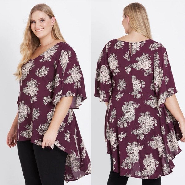 Beme Tunic Top Blouse Womens 14 Purple Floral Hi Low Elbow Sleeve Casual