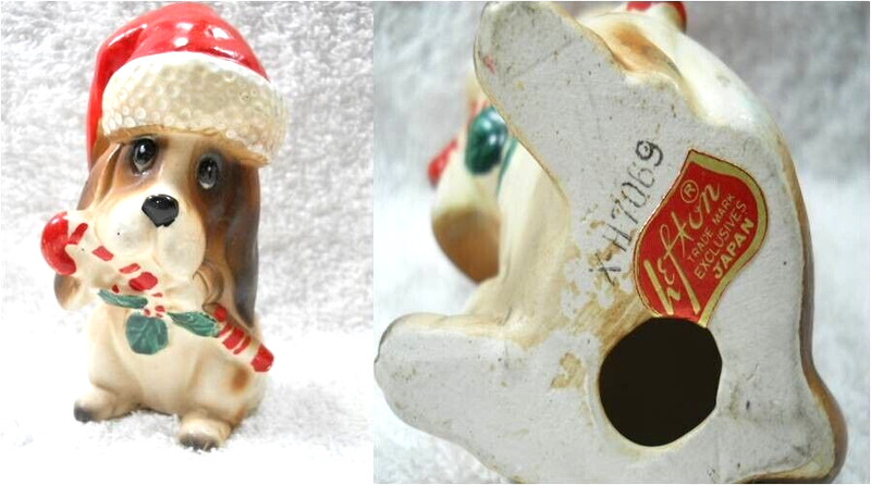 1946-53 Lefton Exclusive Japan Basset Christmas Cane Hound Dog XH7069 Santa Hat