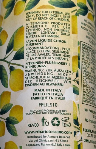 ERBARIO TOSCANO ~ OLIO DI LIMONE SAPONE LIQUIDO PURIFICANTE 1000ml MADE IN ITALY - Foto 4 di 4