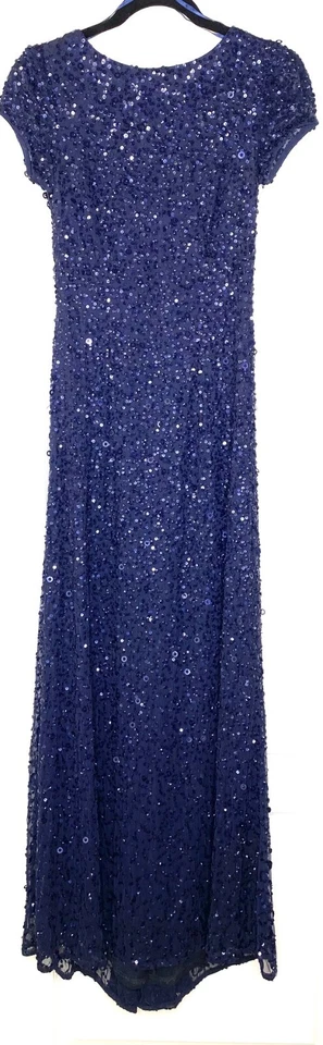 ADRIANNA PAPELL Navy Blue Sequin Embellished Beaded Maxi Gown Dress w/ Train 0P - Image 3 of 4