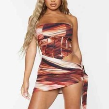 Shape Brown Layered Print Woven Corset Detail Tie Side Bodycon Dress