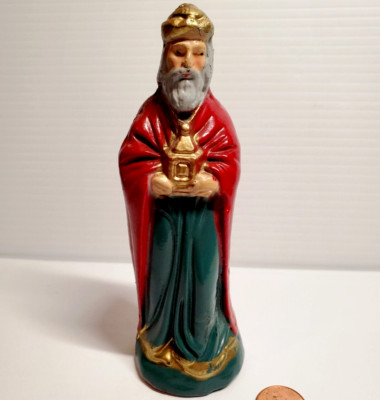 Vintage Nativity Creche Wiseman King Balthazar Red Green Robe Chalkware Plaster