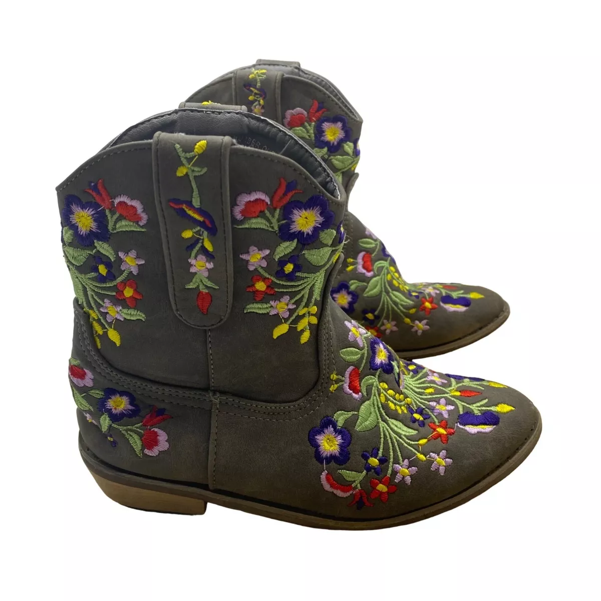 Embroidered faux leather ankle boots