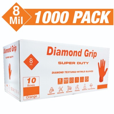 Heavy Duty Industrial Orange Nitrile Gloves with Raised Diamond Texture, 8-mil