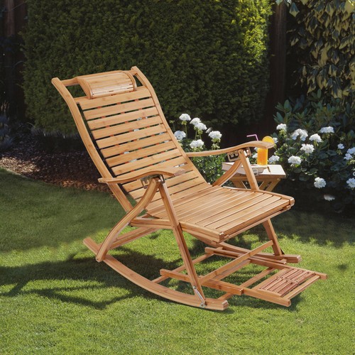 Foldable Rocking Chair Bamboo Arm Chair Indoor Outdoor Balcony Footrest Headrest - Picture 7 of 12