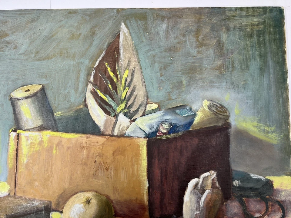 "Caja de bodegón arte popular pintura al óleo sobre lienzo de colección sobre escritorio 16x20"" arte dañado" Foto 3 de 4