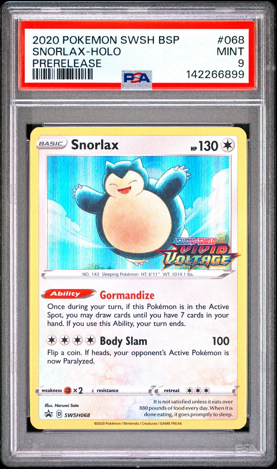 2020 POKEMON SWSH BLACK STAR PROMO PRERELEASE #068 SNORLAX-HOLO PSA 9