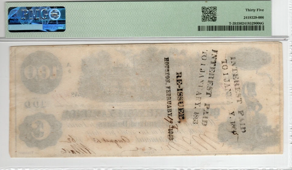 T-39 PF-13 1862 $100 Confederate Paper Money - PMG Ch VF 35 - Re-Issued Houston - Image 3 of 3