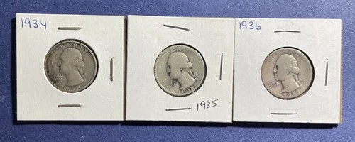 Lot of 3 - 1930’s US 25¢ Silver Washington Quarter • 90% Ag Coin 1934 1935 1936