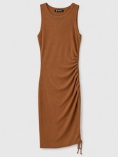 BTFBM Womens Small Brown Ribbed Ruched Bodycon Midi Dress Sleeveless Stretch