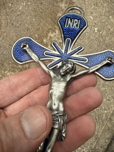 Crocifisso Croce Smalto Blu Gesù Cristo 7,5 Pollici Usato Metallo - Foto 5 di 11