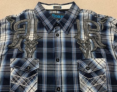 NWT Roar Signature 2XL Blue Plaid Embroidered LANCE Long Sleeve Button Shirt New