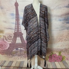 Open Front Tassel Kimono - Multicolor Zigzag Print