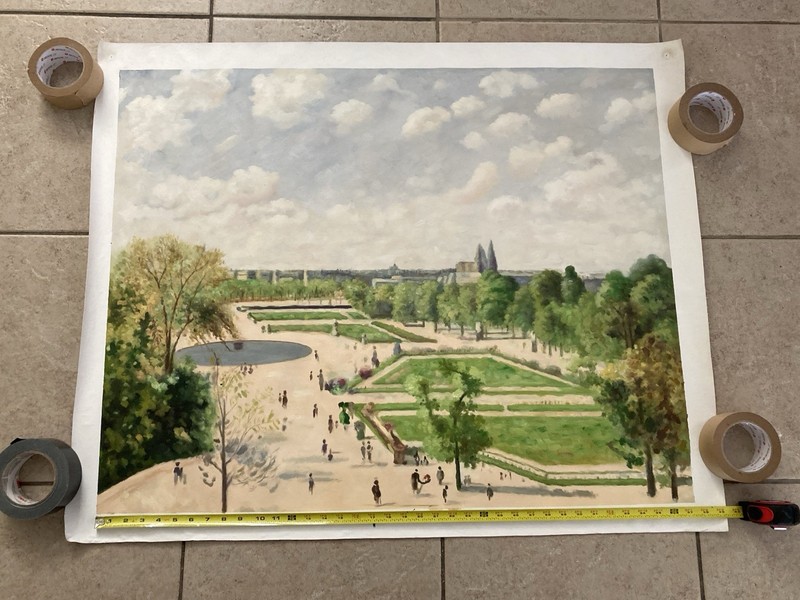 Hand Painted Replica Of Camille Pissarro’s “Garden Of The Tuileries”. 29” x 37”.
