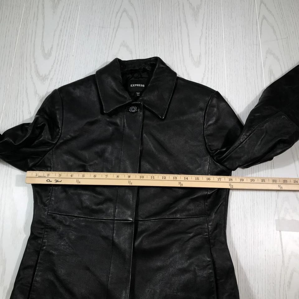 Chaqueta de Cuero Express Mujer 7/8 Negra Bolsillos Abotonados Forrada Preppy Clásica Foto 3 de 4
