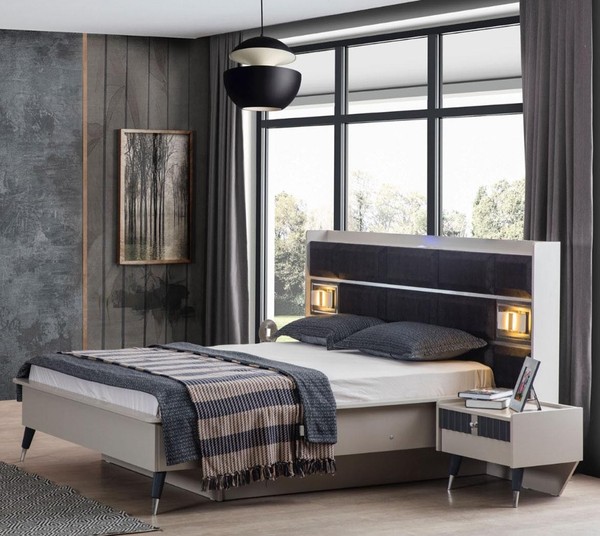 Grau-WeißE Schlafzimmer Garnitur Doppelbett 2X Nachttische 3Tlg Set-image