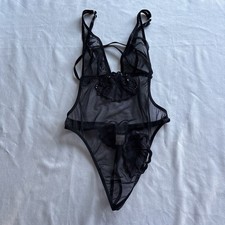 Vintage Frederick's of Hollywood Black Sheer Mesh Floral Appliqu  Teddy Bodysuit
