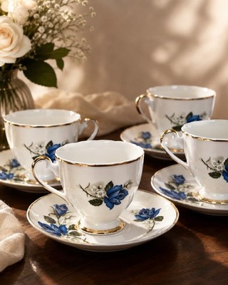Vintage Shelley Fine Bone China Teetassen & Untertassen Blau Rose Blumen Set x4