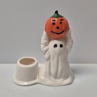 Vtg Midwest Ghost Pumpkin Candle Taper Holder Halloween Jack O Lantern Figurine 